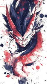 Demonic anime warrior portrait in splattered red ink style.