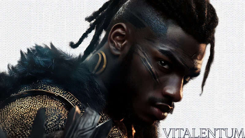 Photorealistic warrior portrait with tribal cyber detailing.