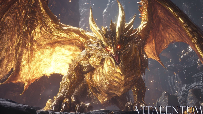 Golden dragon guardian spreads blazing wings in the cavern