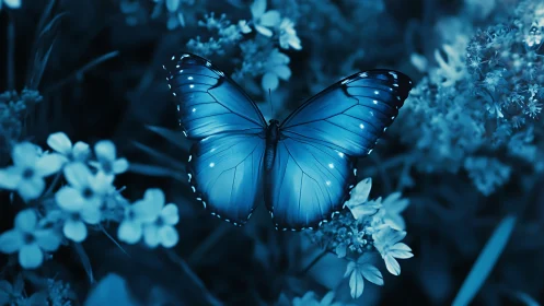 Blue butterfly resting on small flowers in monochrome field.