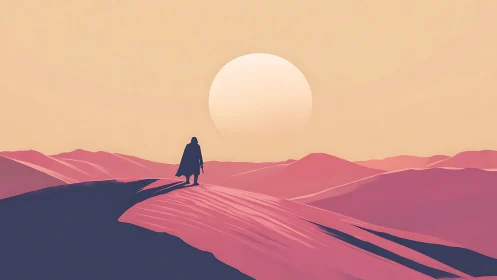 Lone traveler crosses sunlit pink desert dunes at dusk