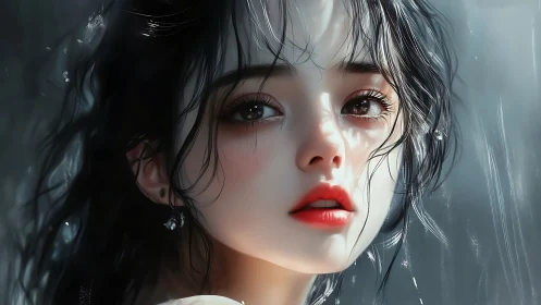 Wet-haired girl gazes upward under soft diffused rainlight