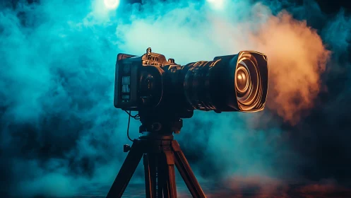 Studio camera glowing in colorful cinematic stage lights.