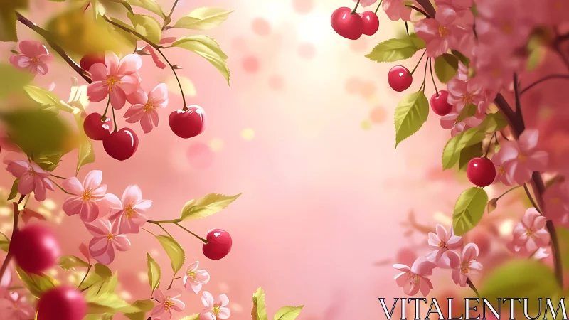 Luminous Spring Composition: Cherries and Blossoms Against Soft Pink Backdrop