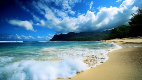 Storm-kissed turquoise surf courting a golden island shore.