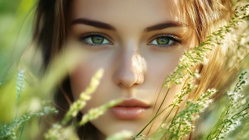 Close portrait of woman’s face framed by tall grasses.