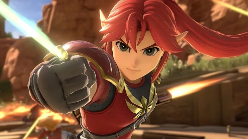 Fiery red‑haired hero charges forward with glowing courage.