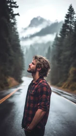 Flannel-clad daydreamer listens to mountain whispers in mist