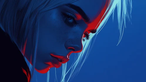 Thoughtful neon-lit portrait of a girl in cool blue glow.