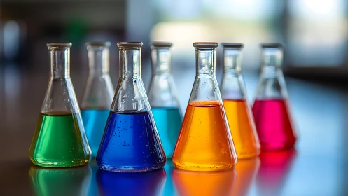 Chromatic science flasks lined like a rainbow experiment parade.