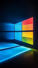 Backlit RGB glass window icon with projected light beams