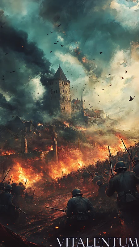 Medieval stone citadel under siege by modern infantry assault