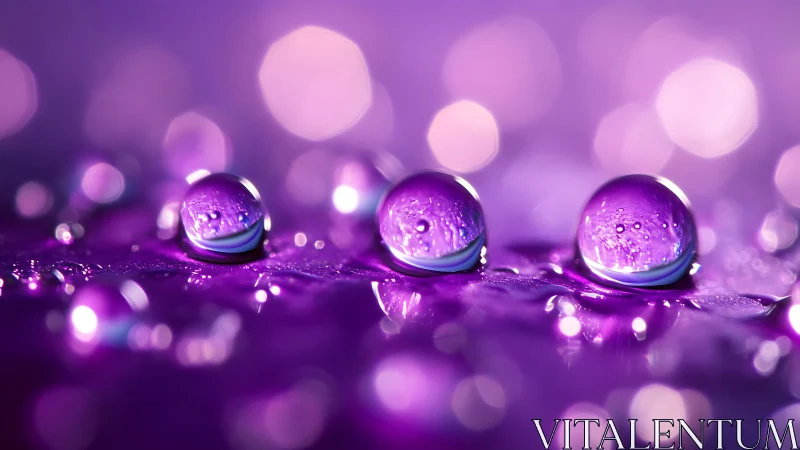 Macro study of violet water droplets with bokeh glow.