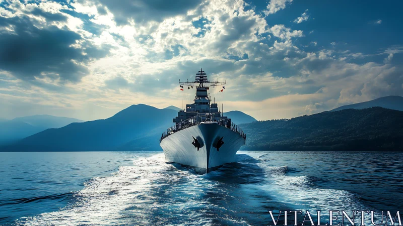 Photorealistic naval warship advancing on reflective seascape.