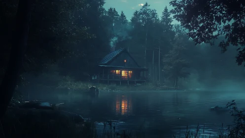 Digital painting of misty lakeside cabin with warm core lighting.