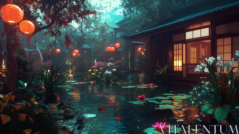 Lantern-lit koi pond animates a nocturnal Japanese courtyard
