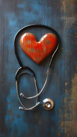 Warm red heart and caring stethoscope on rustic blue wall.