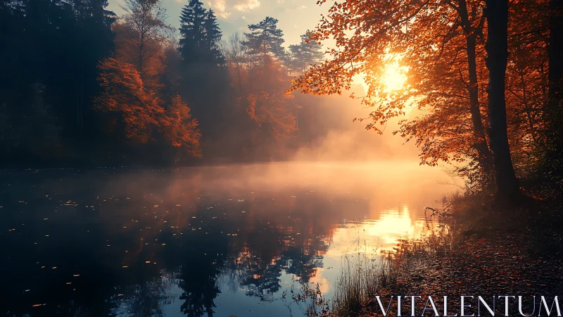 Low-angle autumn riverside scene with volumetric sunrise haze