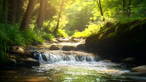 Forest Stream Cascade with Luminous Foliage Canopy and Long-Exposure Water Motion