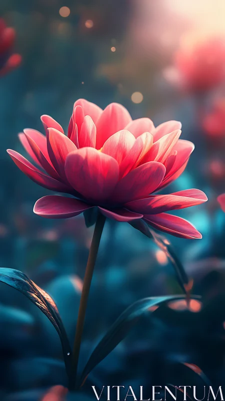 Luminous coral flower in dreamy teal bokeh garden.