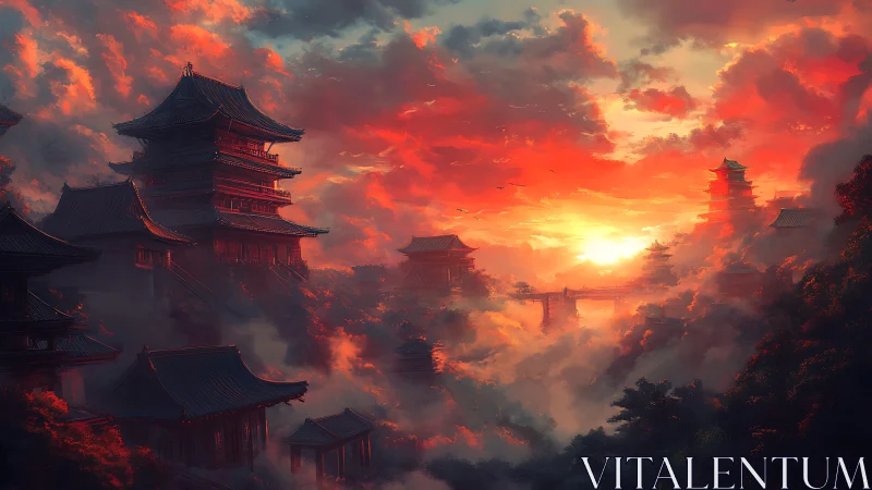Sunset pagoda skyline in atmospheric digital landscape painting.