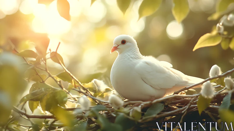 Serene white dove on a nest in sunlit garden, soft bokeh style.