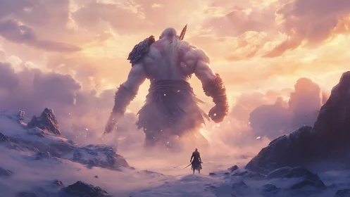 Colossal frost giant confronts lone warrior in volumetric dawn haze
