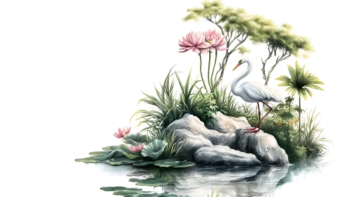Elegant White Heron by Lotus Pond in Tranquil Watercolor Style.