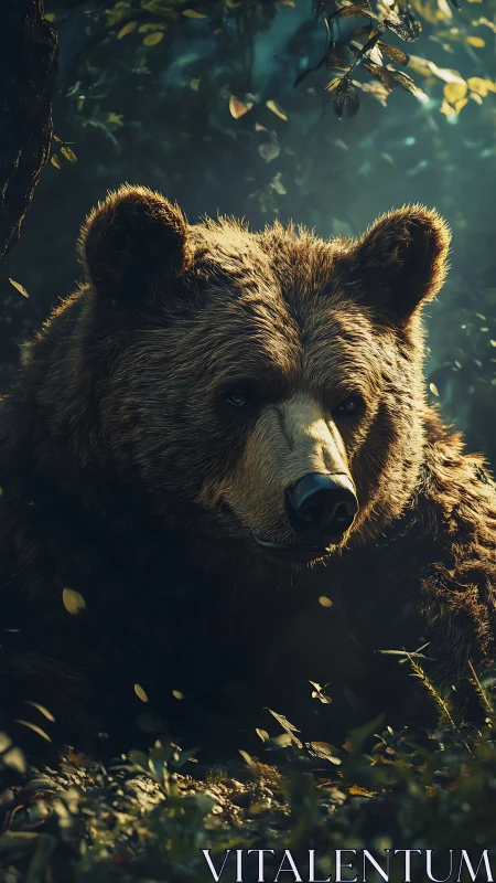 Brown bear rests on forest floor in filtered sunlight
