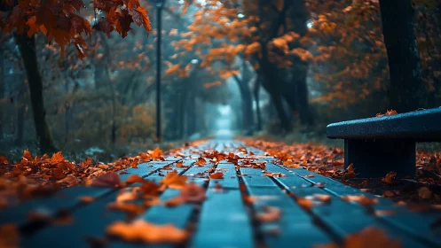 Shallow depth of field captures wet autumn path with scattered leaves