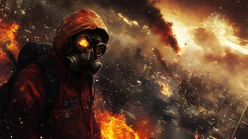 Gas-masked wanderer surveys incendiary post-apocalyptic cityscape
