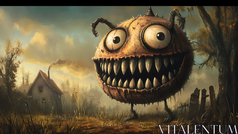 Rusty spherical monster with stitched carapace in rural marshland.