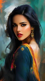 Digital portrait of woman in teal sari with golden accents.