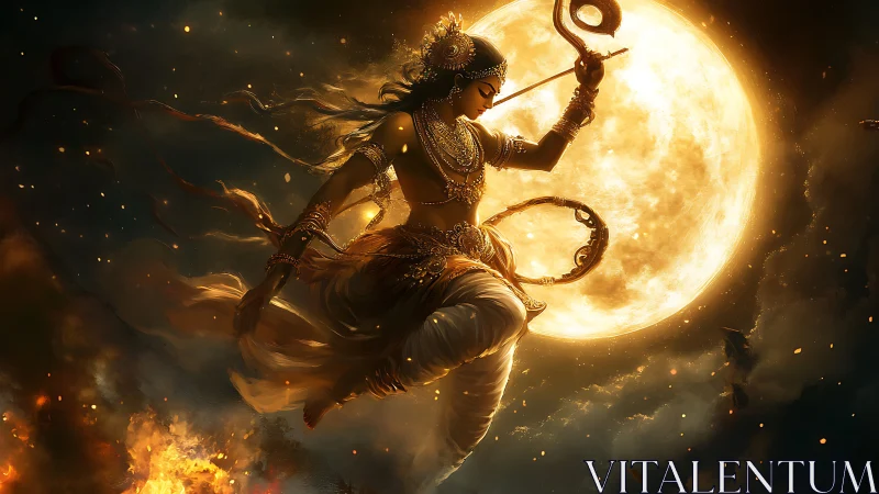 Dynamic moonlit warrior goddess rendered with dramatic rim lighting
