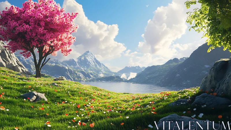 Blooming pink tree overlooks tranquil alpine mountain lake