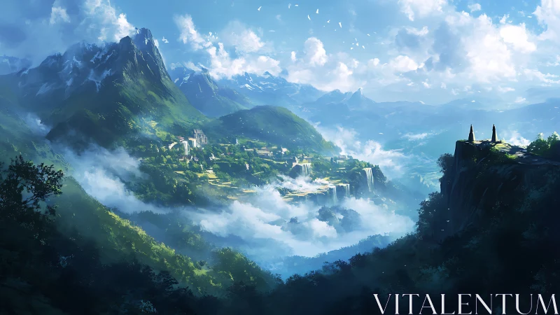 Mountain valley town with waterfalls under bright clouds.