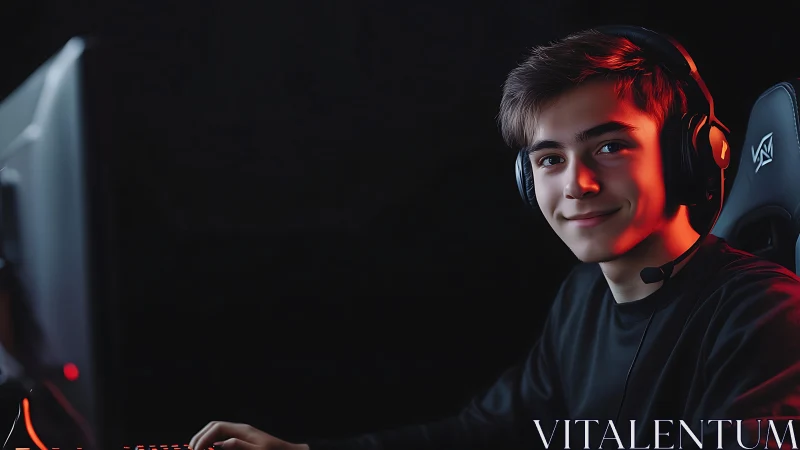 Warm glow of a focused gamer in a cozy night setup.