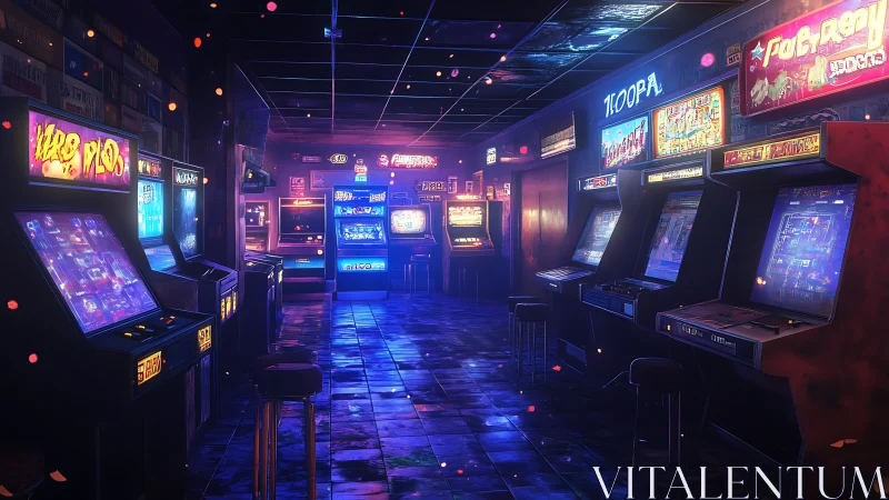 Retro neon arcade hall with glowing game cabinets at night.