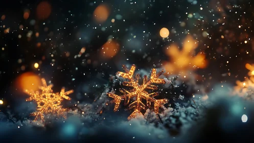 Macro view of glowing snowflake lights in falling winter snow