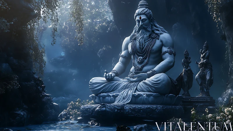 Moonlit stone deity meditates within misty jungle grotto.