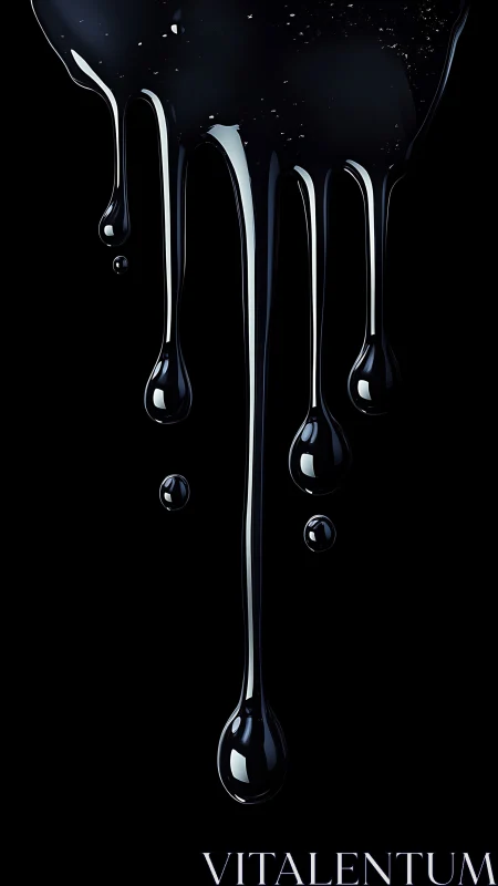 Viscous black liquid drips on uniform black background.
