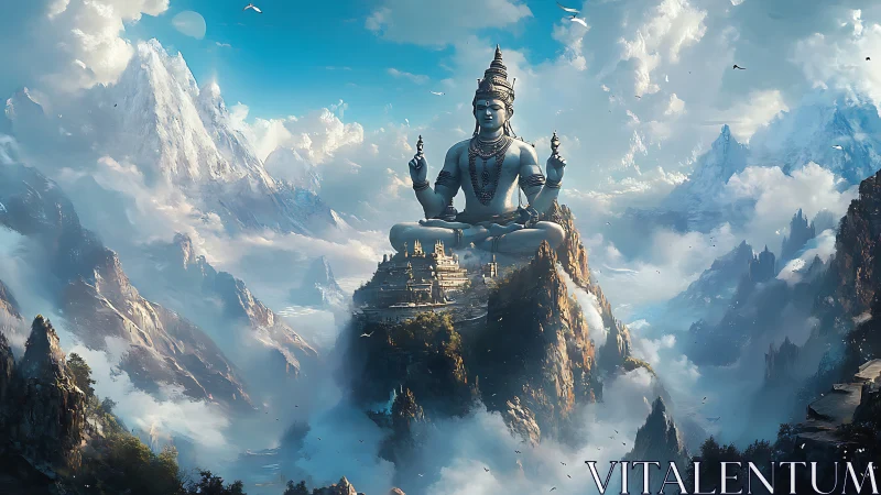 Colossal Himalayan deity statue dominates ethereal cloudscape plateau