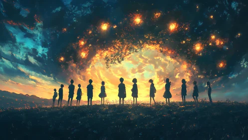 Children watch glowing sky portal ignite twilight horizon