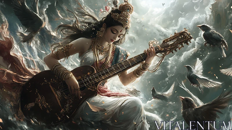 Divine musician strums celestial strings amid swirling birds