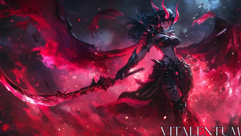 Crimson horned warrior dancing within wild burning storm.