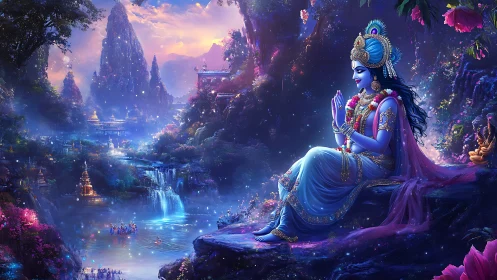 Blue deity dreams over a jewel-lit river of celestial song