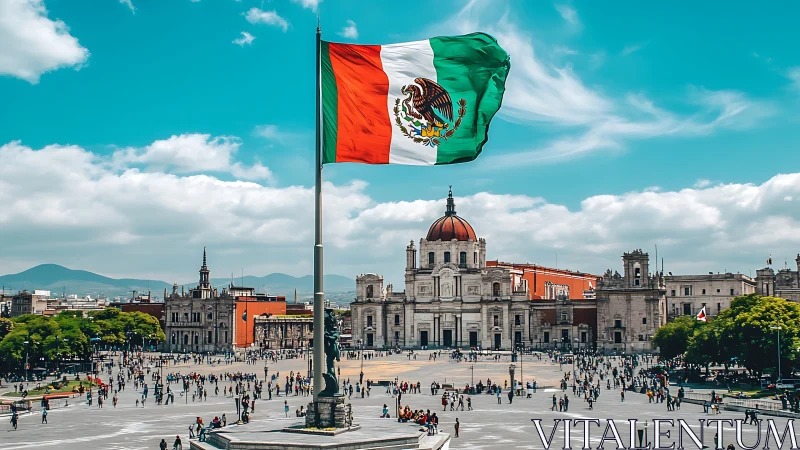 Mexican national flag over historic central city square.