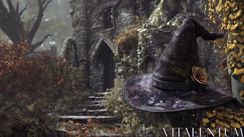 Worn pointed hat rests before ivy-covered stone ruin wall