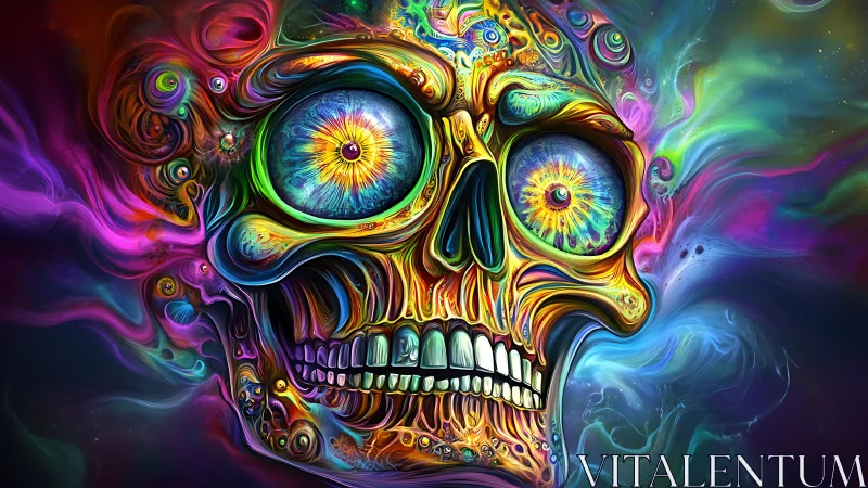 Vivid psychedelic skull with glowing cosmic eyes in color.