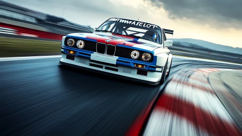 Retro BMW racer erupts through a stormy circuit apex.